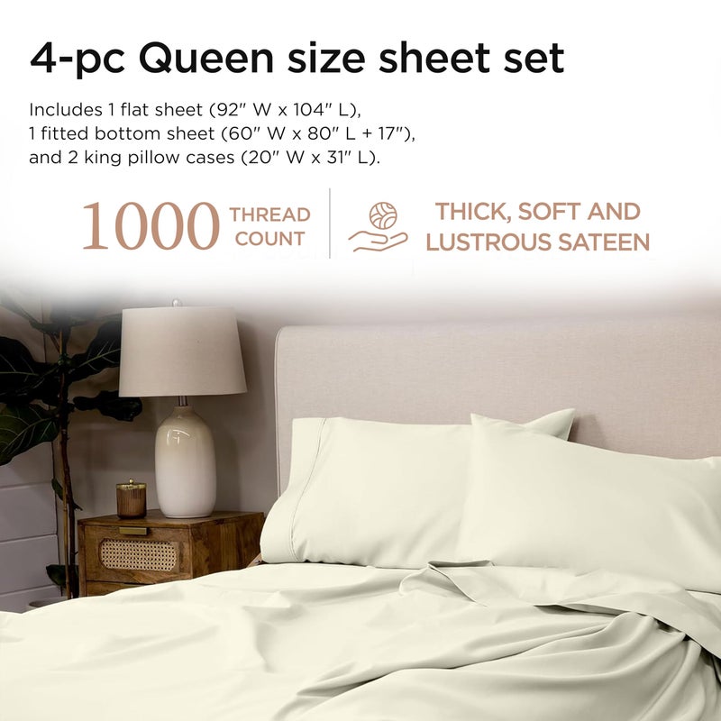 Threadmill Supima Cotton Sheets - Queen, 1000 Thread Count, 4 Piece Luxury Bedding Set, Hotel Quality Sateen Weave, Ivory with Elasticized Deep Pocket - Image 2